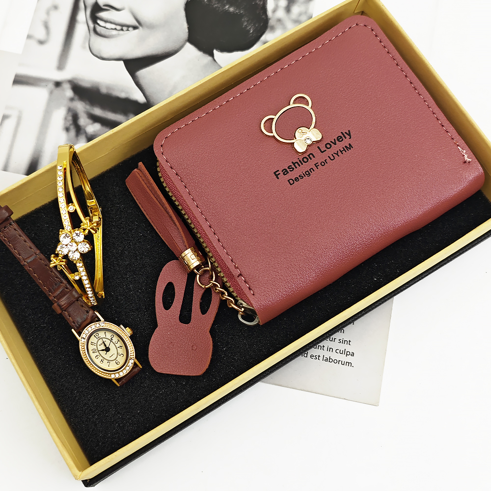 Reloj marrón y dorado + Reloj + Pulsera + Cartera + Caja de regalo