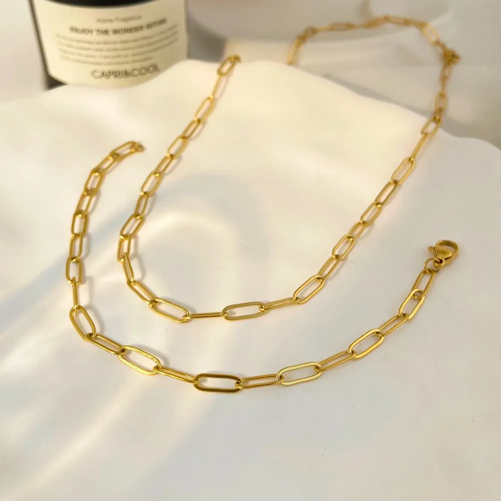 Perhiasan modis 2024 klip kertas rantai kalung gelang baja tahan karat berlapis 18K emas Set perhiasan