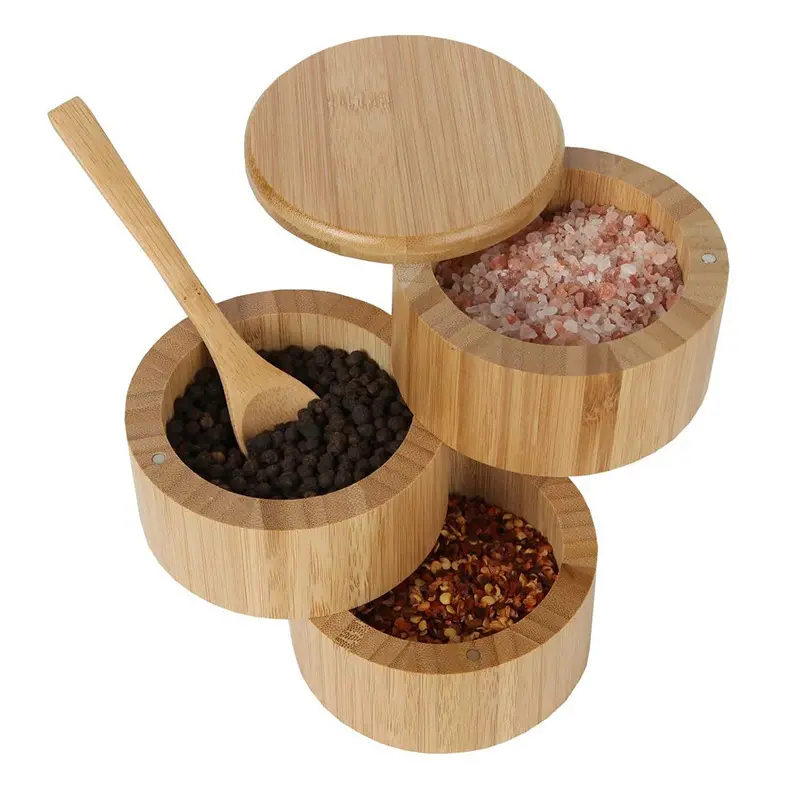 Organic Bamboo Round Spice Kitchen Box Salt and Pepper Seasoning Jar with Spoon and Magnetic Swivel Lids
