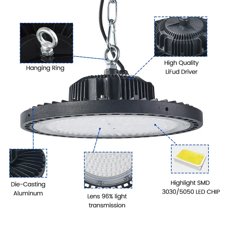 OEM ODM 100W 150W 200W IP65 pencahayaan industri Highbay liontin bulat UFO lampu HighBay Led untuk lampu gudang toko
