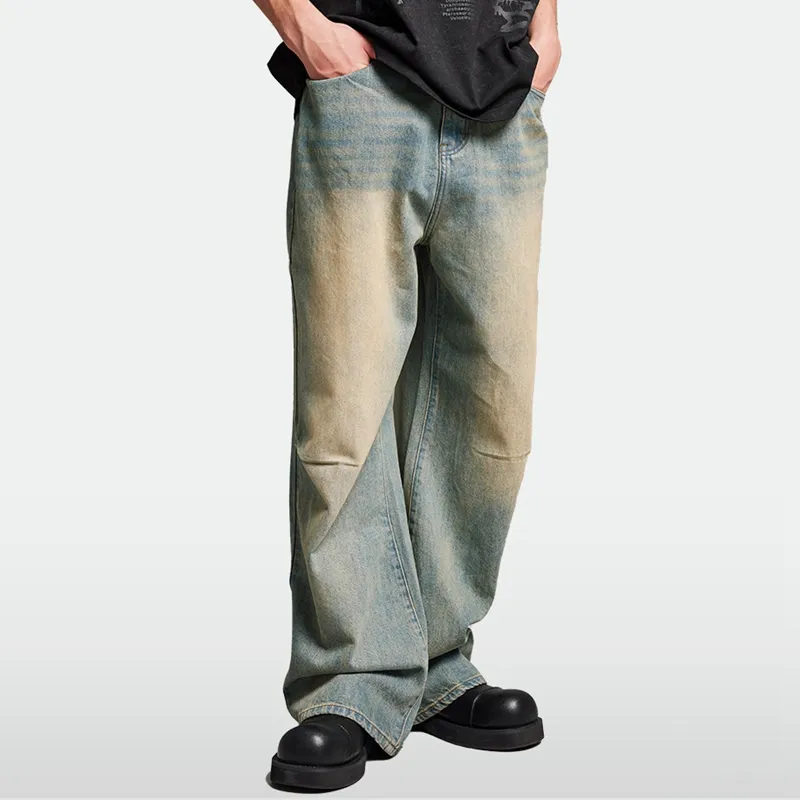 Streetwear üretici Trendy rahat düz bacak pantolon erkekler için % 100 pamuk ve açık mavi kot yaptı