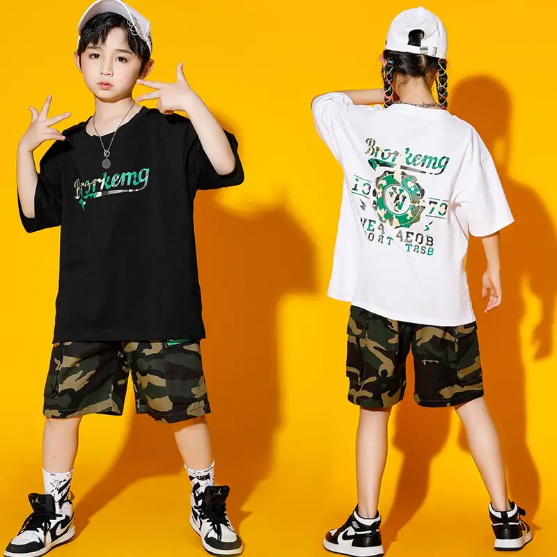 Children's hiphop suit summer boy short-sleeved cargo camo shorts costume jazz chic