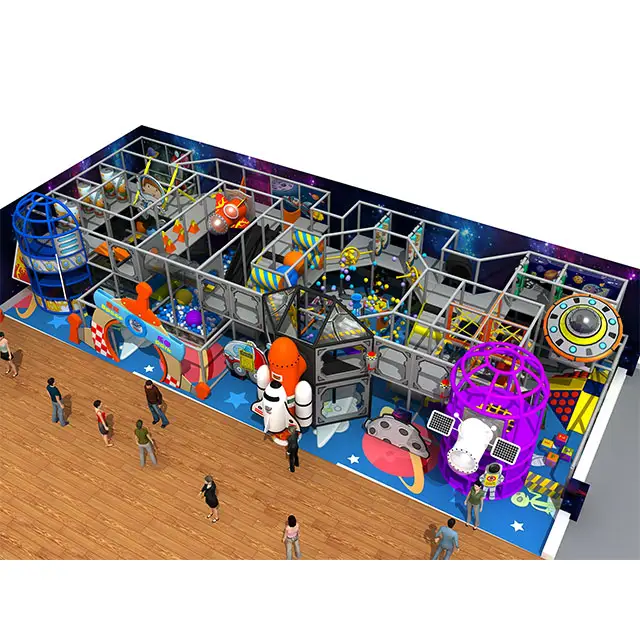 Desain baru 2024 Sqm 3 tingkat Tema ruang angkasa anak-anak dalam ruangan atletik tempat bermain plastik seluncur ganda peralatan taman