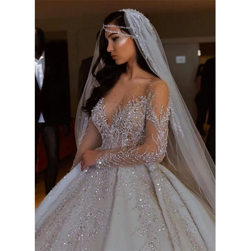 Роскошное Атласное Бальное Платье, Свадебное платье с прозрачным вырезом, длинными рукавами, камнями, бисером, кружевом, аппликацией, атласное свадебное платье принцессы