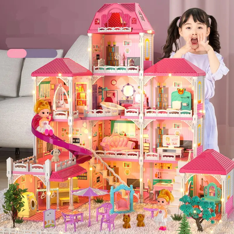 Rumah boneka diy pink gadis putri mainan furniture mewah villa castle rumah boneka aksesoris rumah
