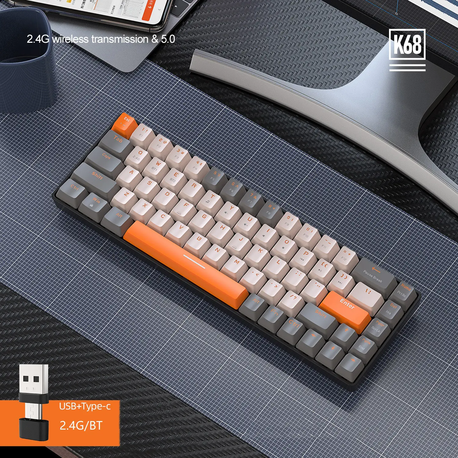 Gratis Wolf K68 BT Nirkabel Mode Ganda Keyboard Mekanik Disesuaikan Warna Pertandingan Permainan Hot Plug Keyboard Mekanik