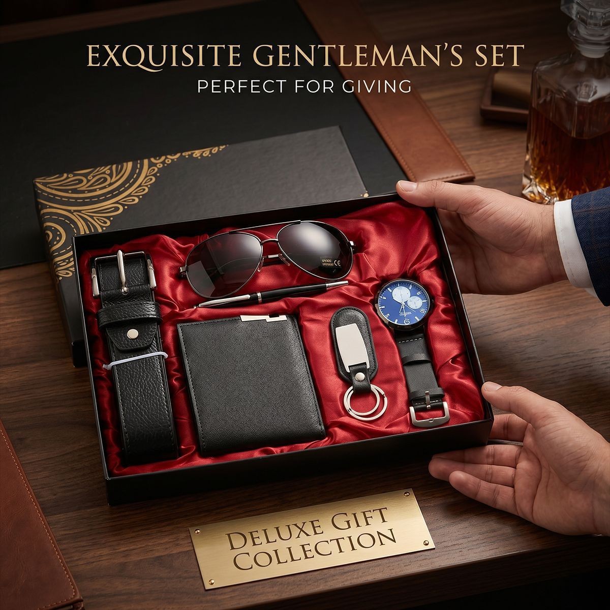 Black suit-watch-wallet-sunglasses-belt-keychain-pen-gift box