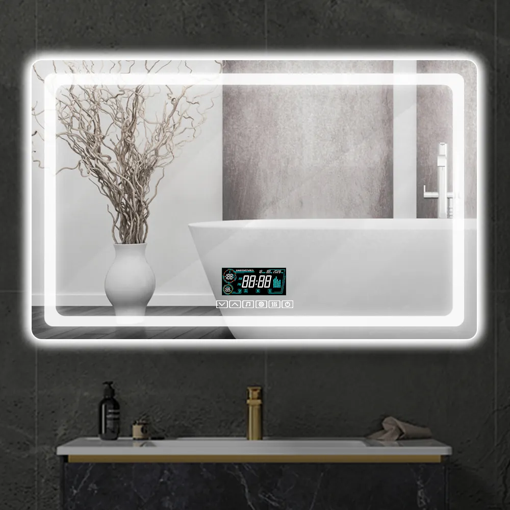Kustom Logo persegi panjang dipasang di dinding dapat disesuaikan tahan air Anti kabut mandi tanpa kabut untuk Hotel rumah LED cermin kamar mandi