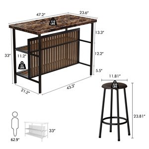 <strong>Rectangular</strong> Bar <strong>Table</strong> with 2 Bar Stools Modern <strong>Counter</strong> <strong>Height</strong> <strong>Table</strong> with Storage, Kitchen Island with Seating - Product Image 6