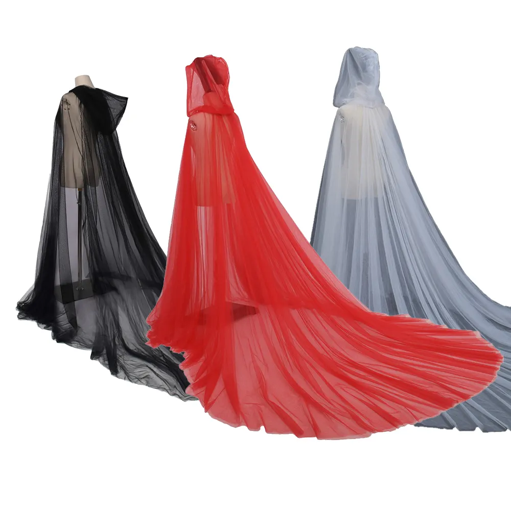 Disfraz de Halloween para mujer, capa de tul con capucha, negro, blanco y rojo, capas de malla suave para boda