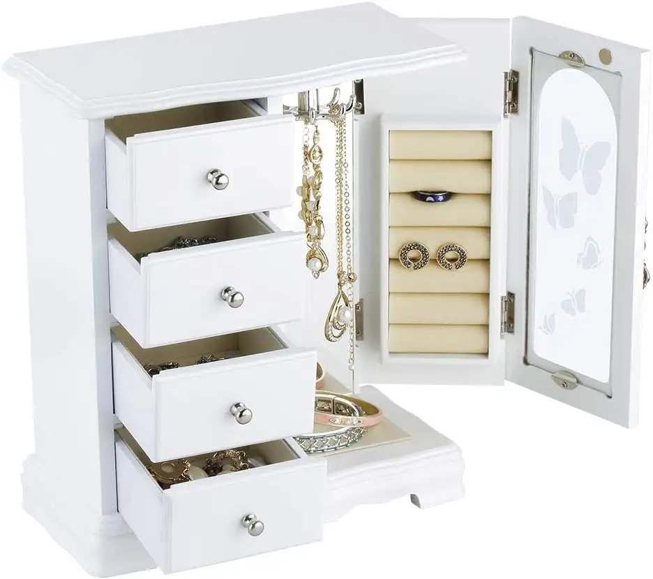 Boîte à bijoux en bois massif avec boîte de rangement à 4 tiroirs et carrousel et miroir intégrés pour collier