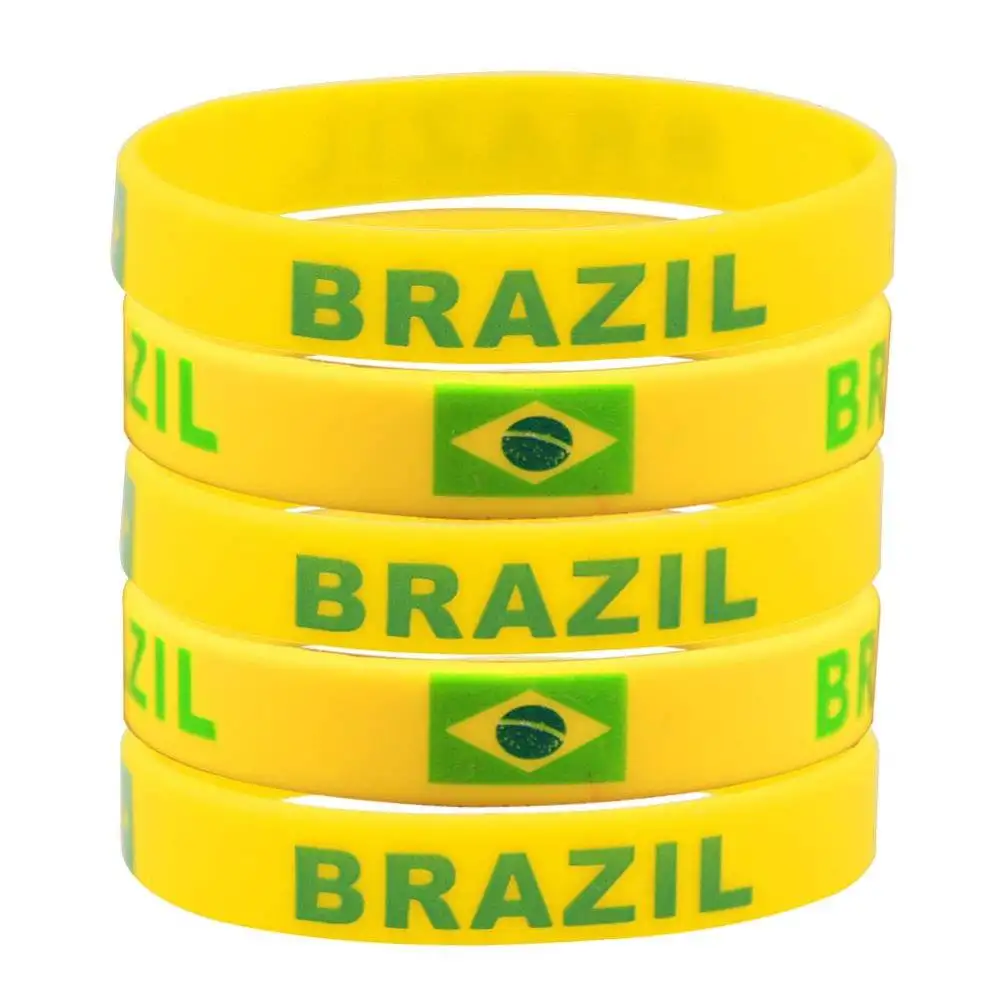 Pulseira de borracha de silicone brasileira, bracelete barato com bandeira brasileira para mundos, bracelete de futebol