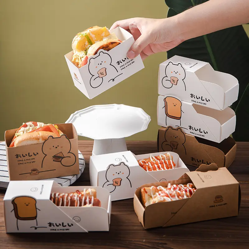 Caja de embalaje de papel para comida, cajón de embalaje desechable personalizado para desayuno, pan, almuerzo, postre, huevo, sándwich