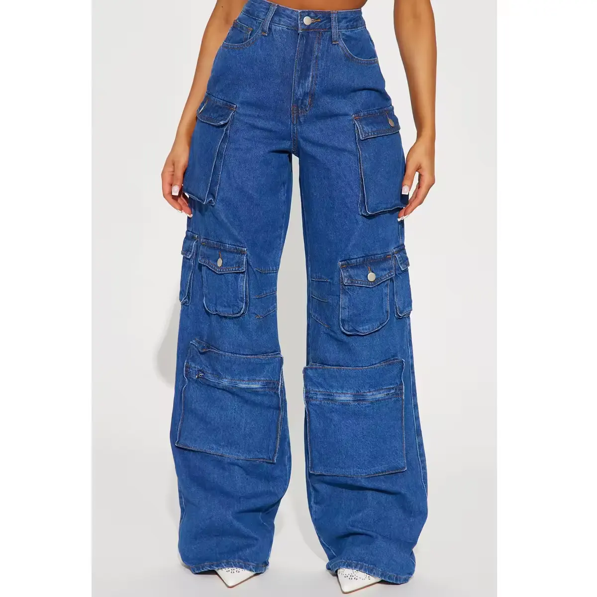 Jeans baggy pour femmes jeans décontractés bleus taille moyenne à la mode personnalisés vente en gros