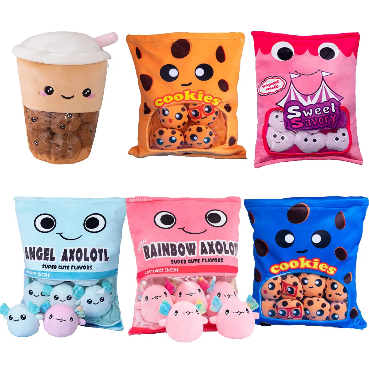 Allogogo Bag of Axolotl Juguete de peluche suave Six Mini Plush Axolotl Love Dolls en una bolsa Food Snack Plush Pillow