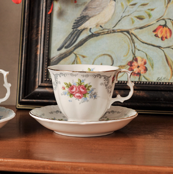 British style red rose cup and saucer with coffee spoon