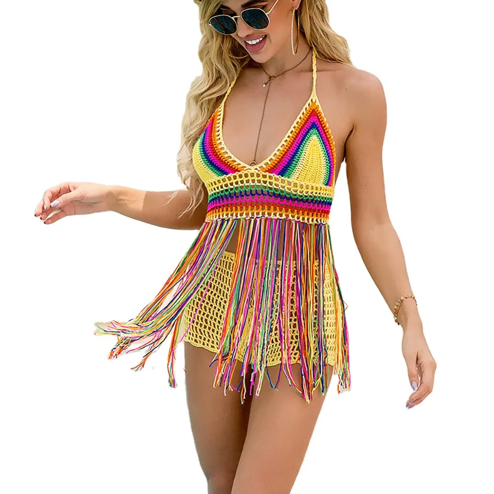 BohoHandmade Fringed Long Crochet Colorful nappa Beach tankini con cintura Hollow Out Stitch Bikini Beachwear costume da bagno