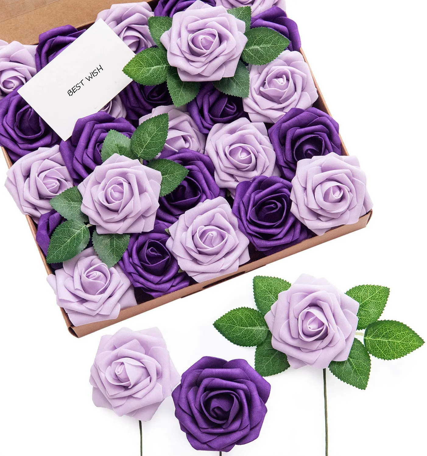 DIY 웨딩 부케 파티 홈 장식을위한 인공 장미 꽃 상자 세트 25PCS 라일락 & 퍼플 현실적인 인공 장미