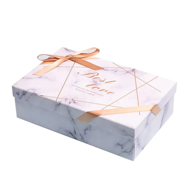 Caja de regalo de papel con tapa, Lazo de cinta personalizado, estampado de mármol blanco