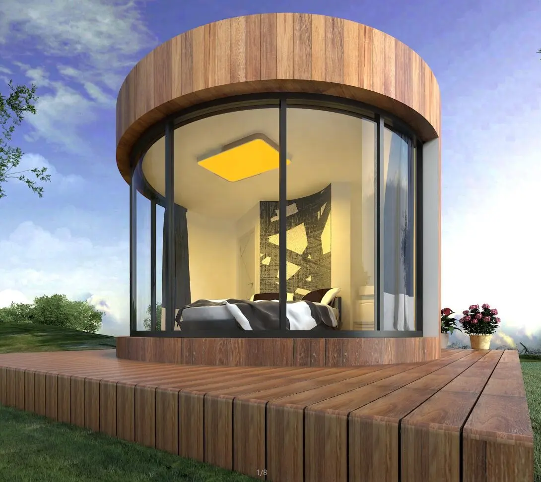 円形デザインプレハブ住宅高級木製小さな家、スチール製リビングホーム、モジュラーホーム