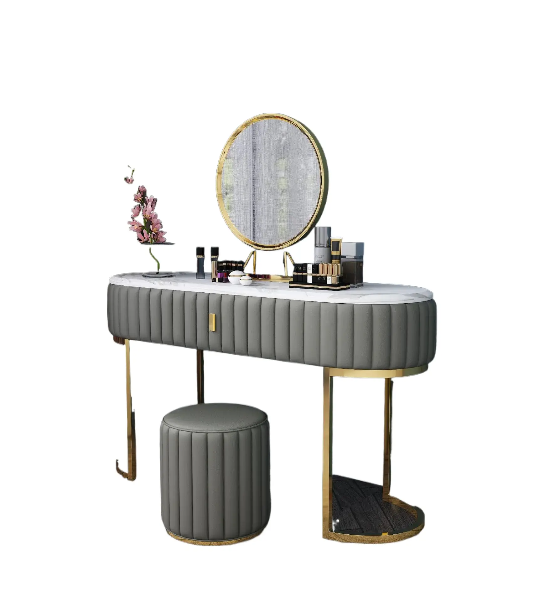 Modern yatak odası paslanmaz çelik çerçeve mermer masa soyunma tablo ahşap makyaj Vanity masa seti çekmeceli sandık güzellik tırnak Spa S için