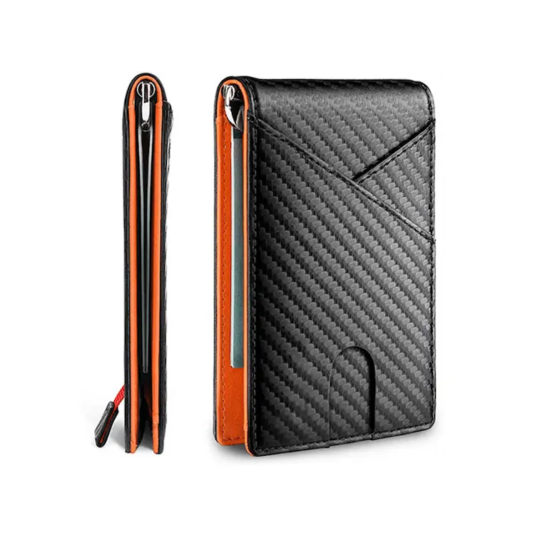 Billetera minimalista de cuero PU con bloqueo RFID para hombre, billetera con Clip para dinero plegable, billetera de fibra de carbono