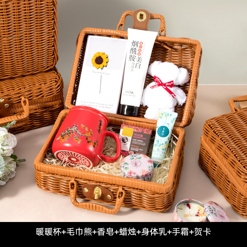 Warm cup, towel, bear, soap, candle, body lotion, hand cream, greeting card
