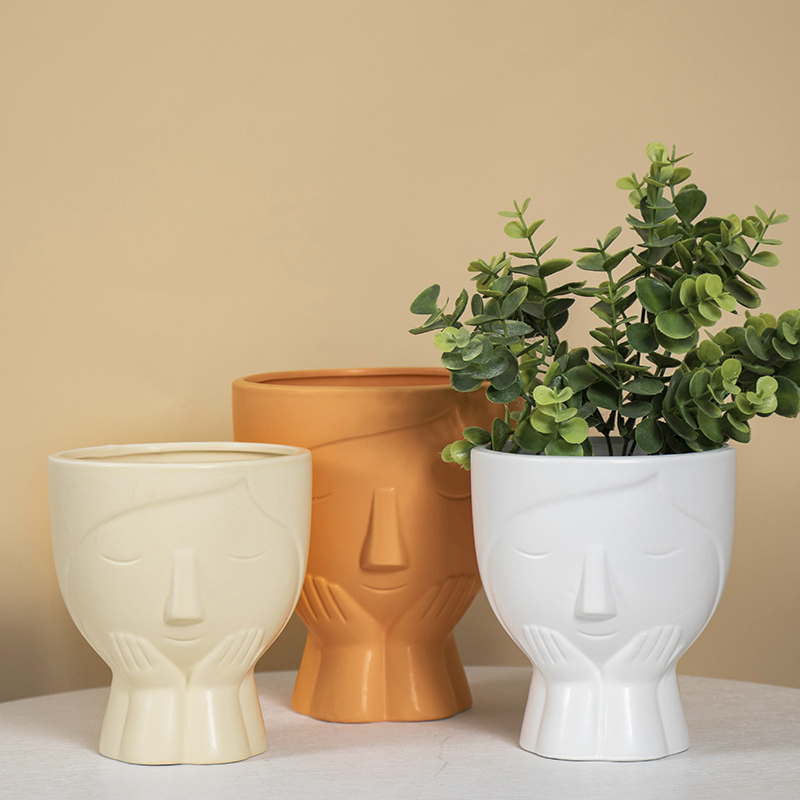 Wholesale Cactus Succulent ceramic Plant Pots Indoor Decorations Smiley Face Flower Pot Head