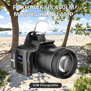 Foxawhawk <span class=keywords><strong>u8</strong></span> USB נטענת פנס ראש עם חיישן תנועה נייד זום תאורה לבן אדום לקמפינג