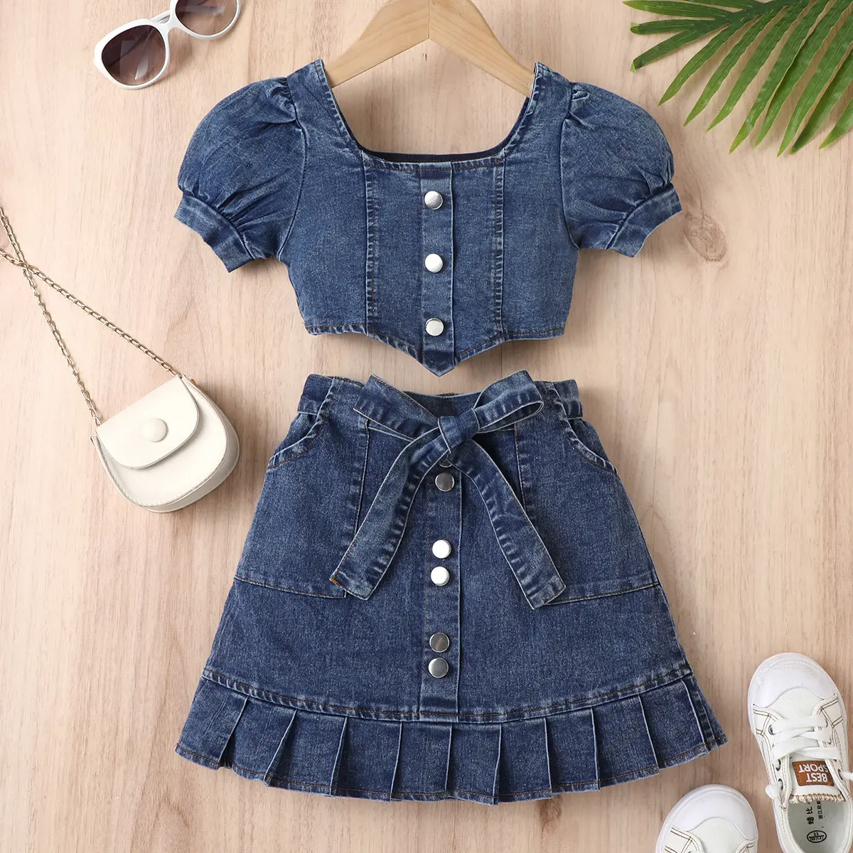 Summer Girls Clothing Square Collar Lantern Sleeve Top A-Line Skirt Multiple Buttons Kids Boutique Clothing Summer Kids Clothing