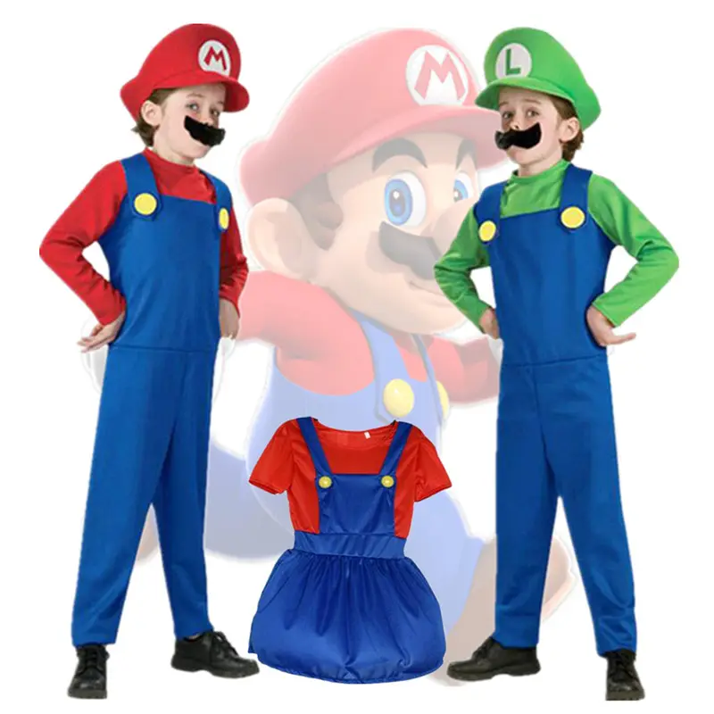 Çocuk Mario Bros Cosplay tulum takım elbise erkek kız cadılar bayramı Anime fantezi Romper Luigi kardeşler elbise şapka kostüm