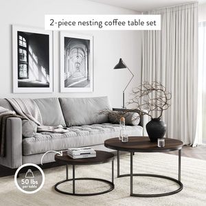 Yuvarlak Modern yuvalama kahve 2 parça Set, ahşap üst ve toz kaplanmış Metal çerçeve ile istiflenebilir oturma odası dekorasyon masa - Product Image 6