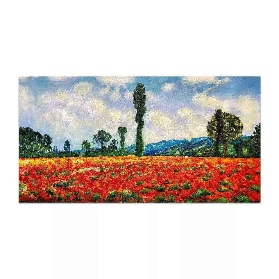 Toile abstraite Décoration murale Champ de coquelicots rouges Toscane Nuage Monet Jardin Fleur Paysage Grande peinture à l'huile