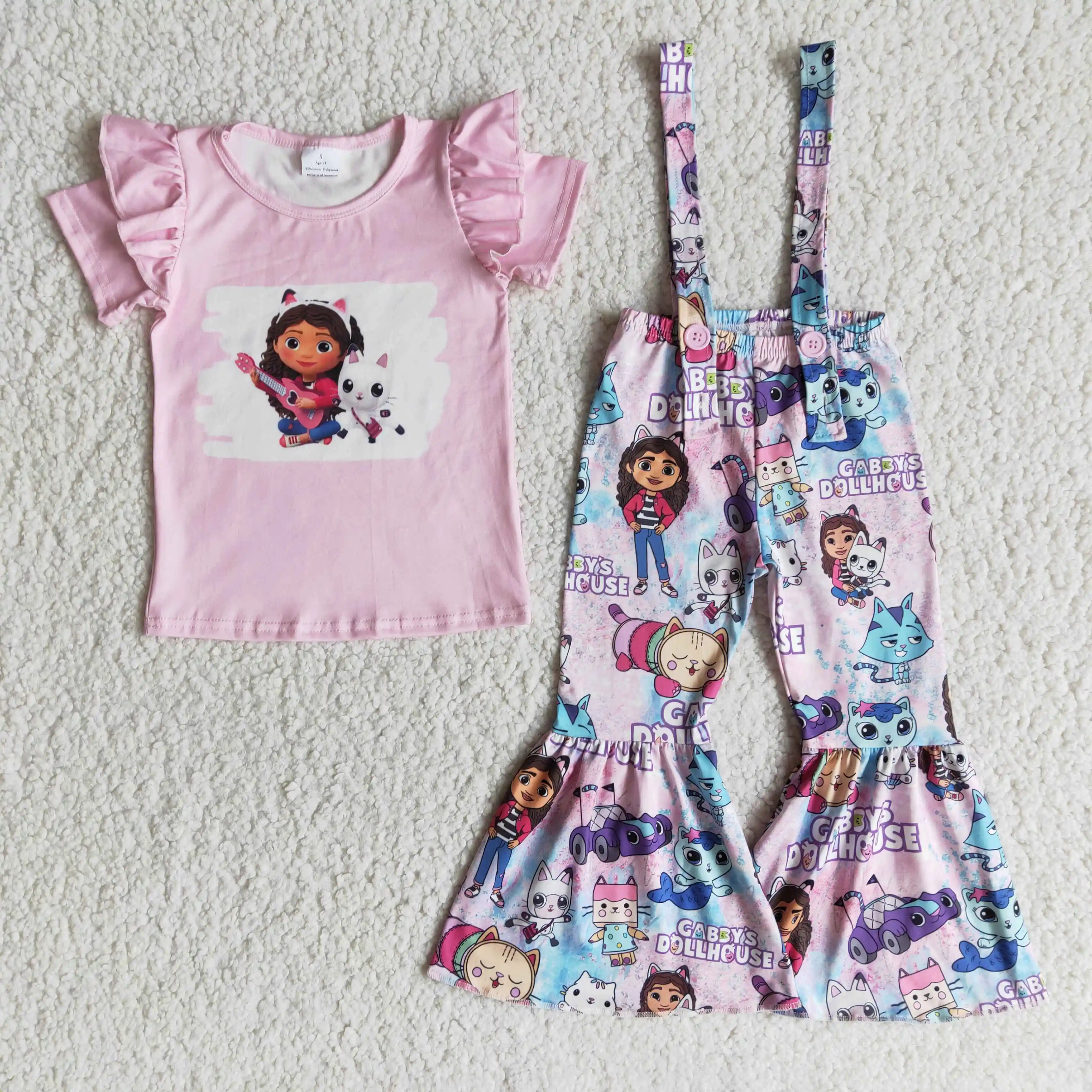 Rts conjunto de duas peças gabby rosa, camiseta e calças de bebê, conjuntos de estampa de desenhos animados, suspensório