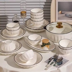 Hotel Restaurant Ceramic White Bowl and Plate with Black <strong>Rim</strong> Set Dining Hall Soup Dish Tableware Dinnerware Set - Product Image 5