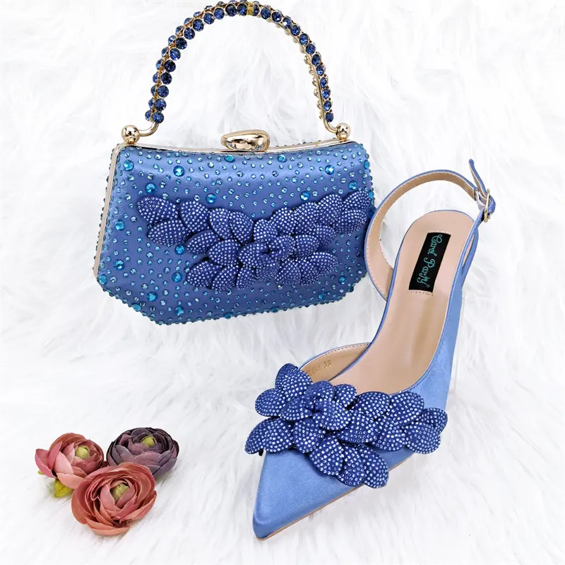 Saltos altos para a senhora Boa vender Designer de Luxo Céu azul Cor Completa Diamante Apontado Dedo Do Pé Do Casamento Mulheres Sapato e Saco Conjunto para a Festa