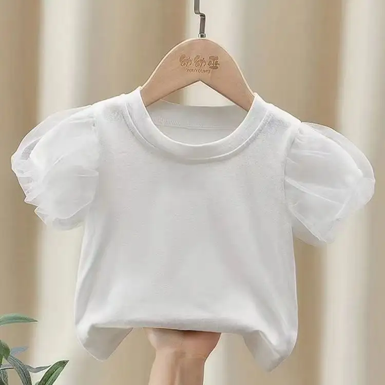 新しいスタイリッシュな子供たちサマートップチュールパフスリーブホワイトスウィートプリンセスガールTシャツ