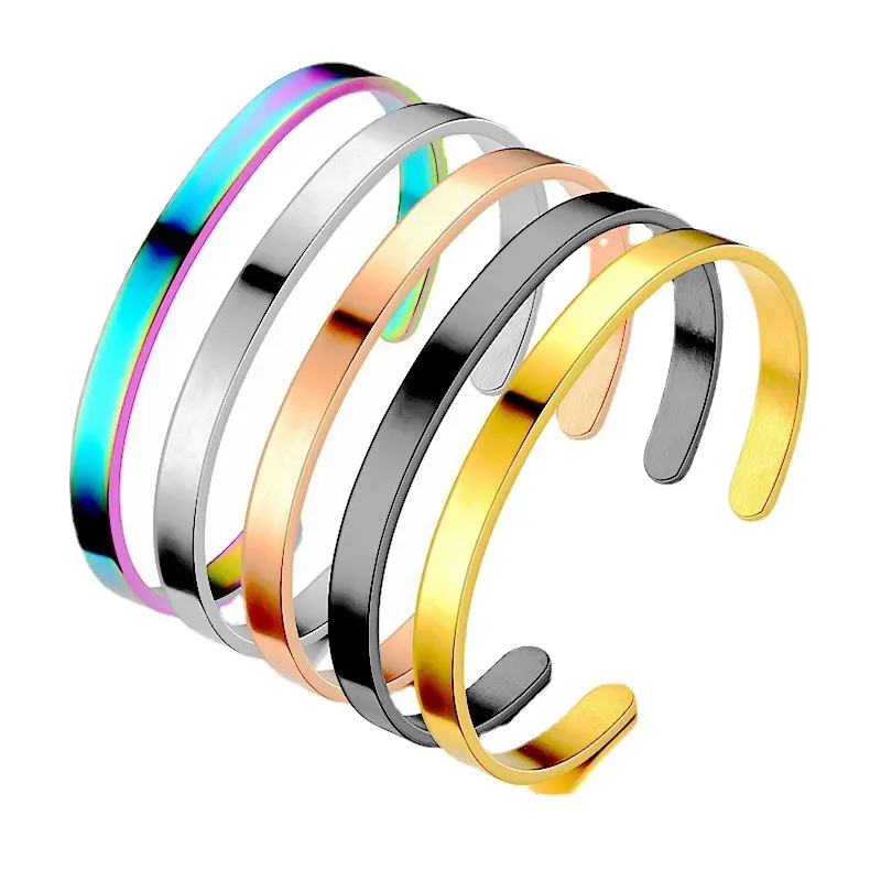 Gelang Bangle Wanita Stainless Steel, Lebar 6Mm Permukaan Kosong, 316 Ukiran Emas Gelang Desainer