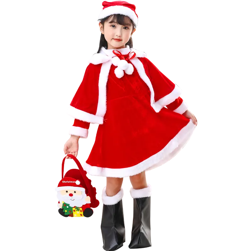 Disfraz de Papá Noel de Navidad para niñas de alta calidad, conjunto de traje de Navidad para bebé con bolsas de regalo, prendas de vestir cálidas, trajes de Cosplay