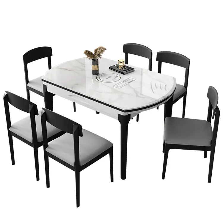 Alta Qualidade Nordic Prorrogáveis Redonda Conjunto De Mesa De Jantar De Vidro Temperado Mesa De Vidro Branco Top Solid Oak Moldura de Madeira Fogão de Indução