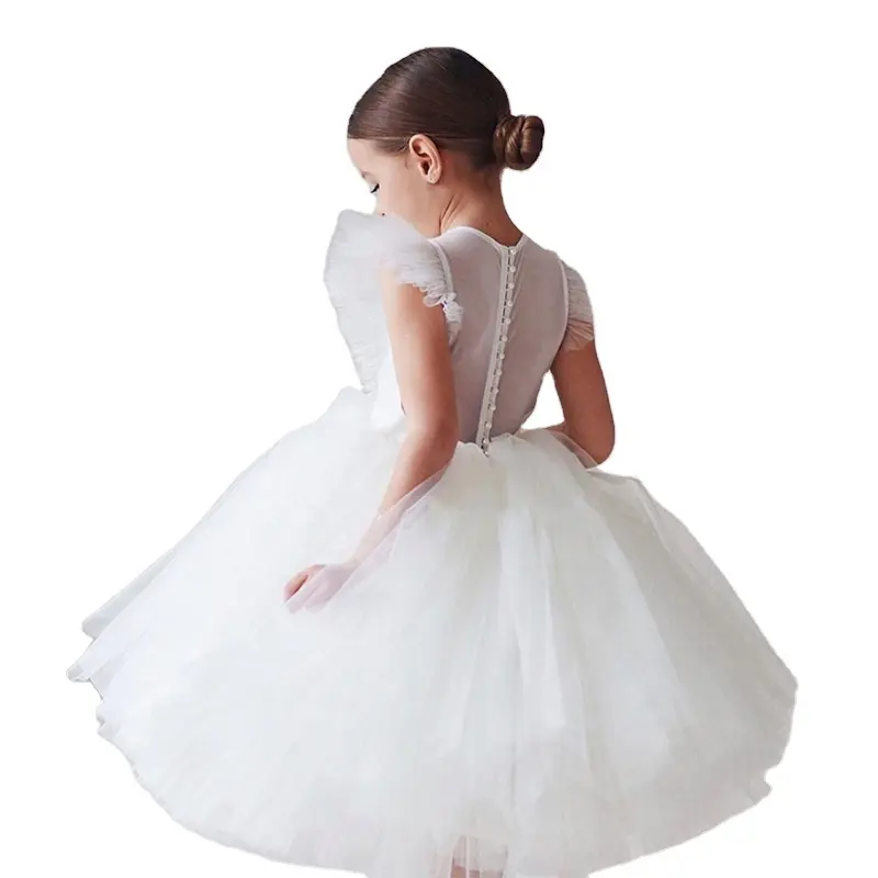 Hochwertige fliegende Ärmel elegante Prinzessin 5 bis 7 Jahre Kinder Mädchen Netz tüll Hochzeit Party-Kleid mit Perlen