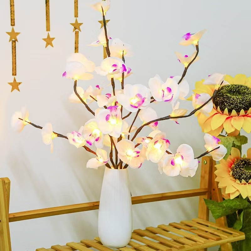 Lampe branche d'arbre violet blanc, 20 lampes, lumière chaude à piles