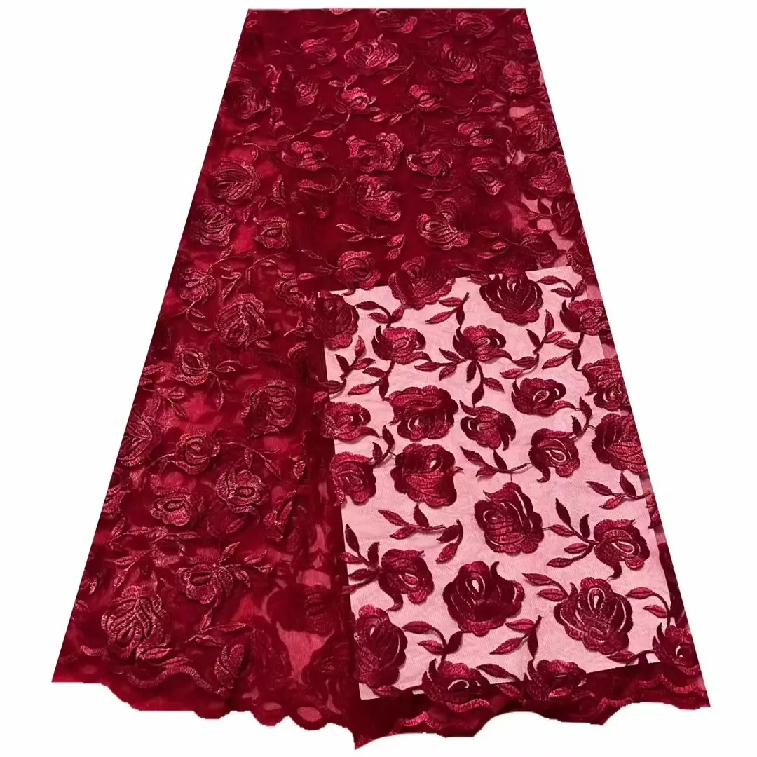 Tissu de dentelle africaine de couleur personnalisée, maille de filet de broderie Rose, Tulle français, tissu de dentelle pour robe de mariée