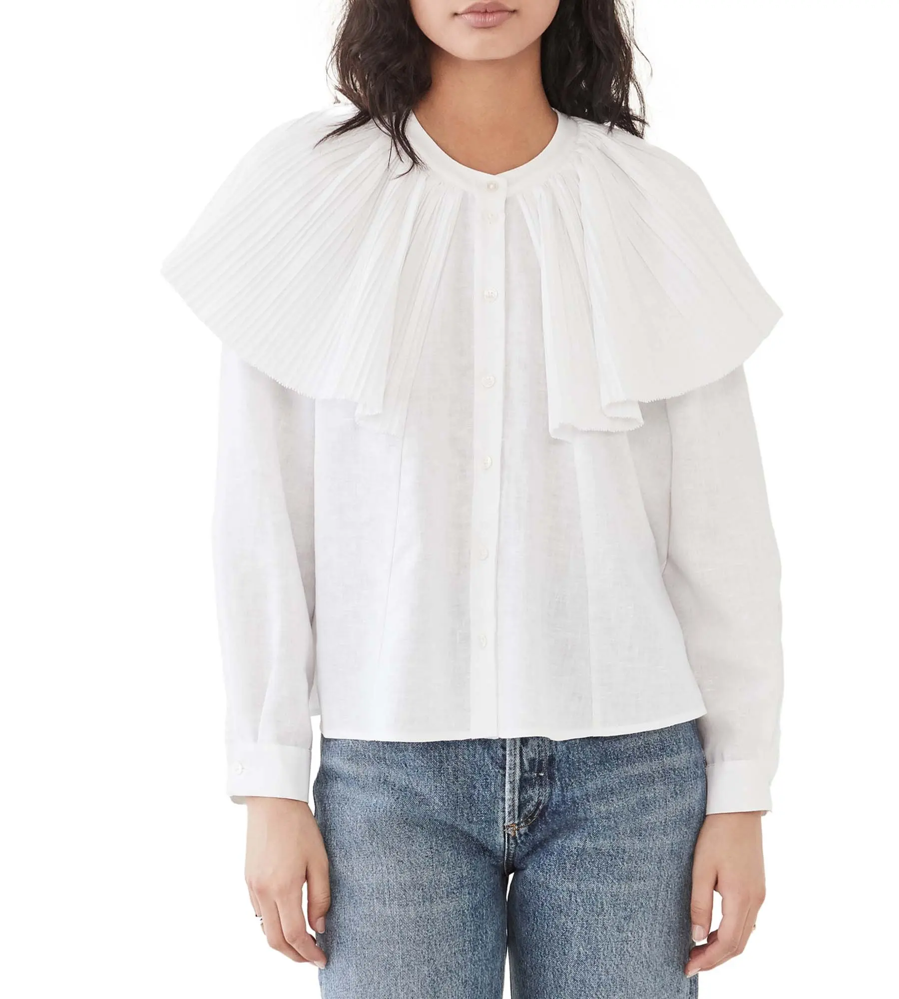 Blusa de manga larga abullonada para mujer al por mayor, escote redondo con capa plisada superpuesta, blusas blancas de manga larga