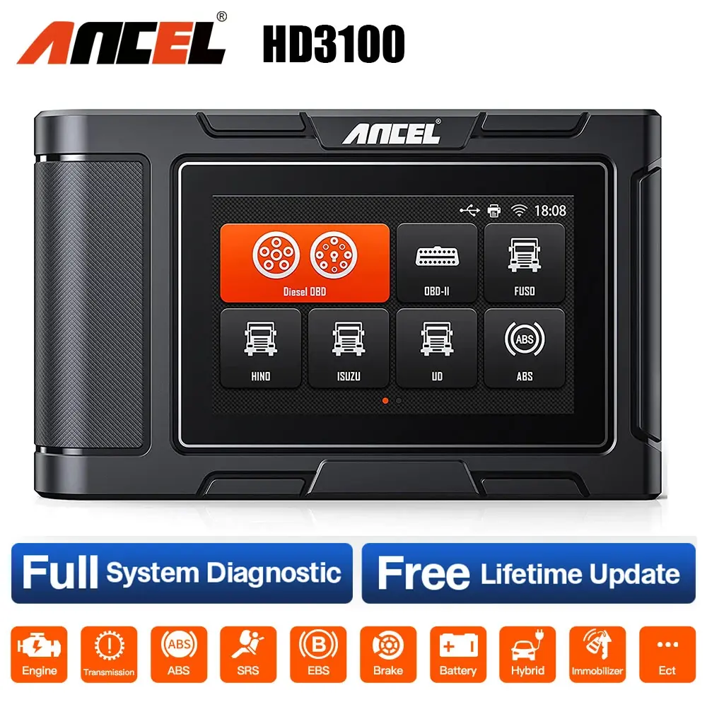 ANCEL-HD3100 Scanner de véhicule et de camion Diesel robuste, 2 en 1, système complet, Scanner OBD2, 12V et 24V