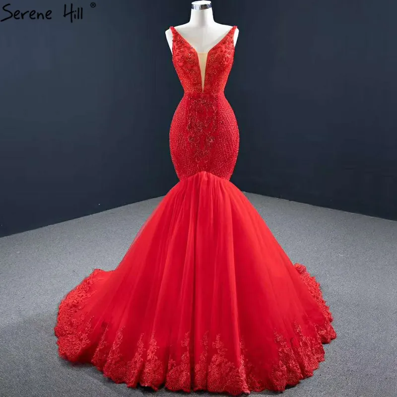 Serene Hill Red Sleeveless Mermaid Sexy Wedding Dress Party Gowns 2021 V Neck Beaded Crystal Lace Bridal Dress HM67151