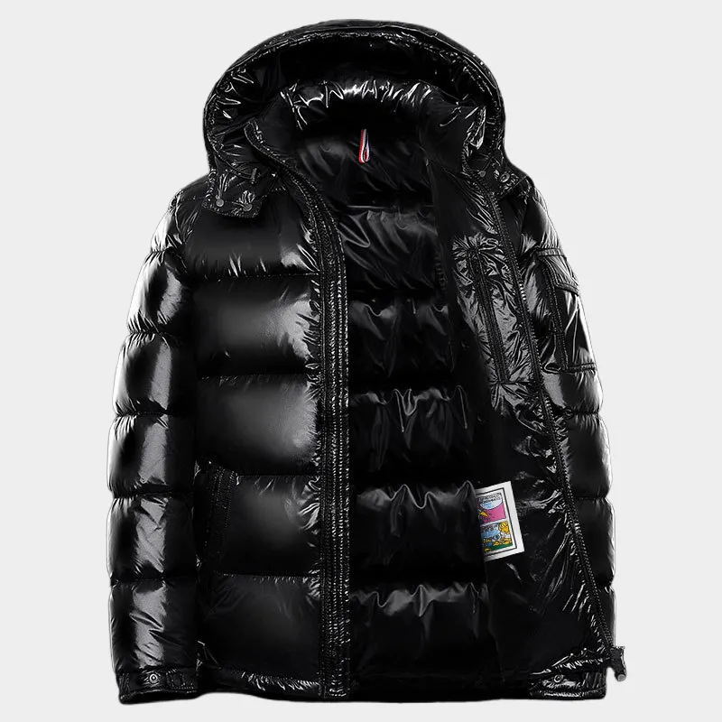 2023 Inverno Casal Puffer Jaqueta Curta Com Capuz Logotipo Personalizado Preto Brilhante Casaco Homens Fofo Branco Pato Down Jacket