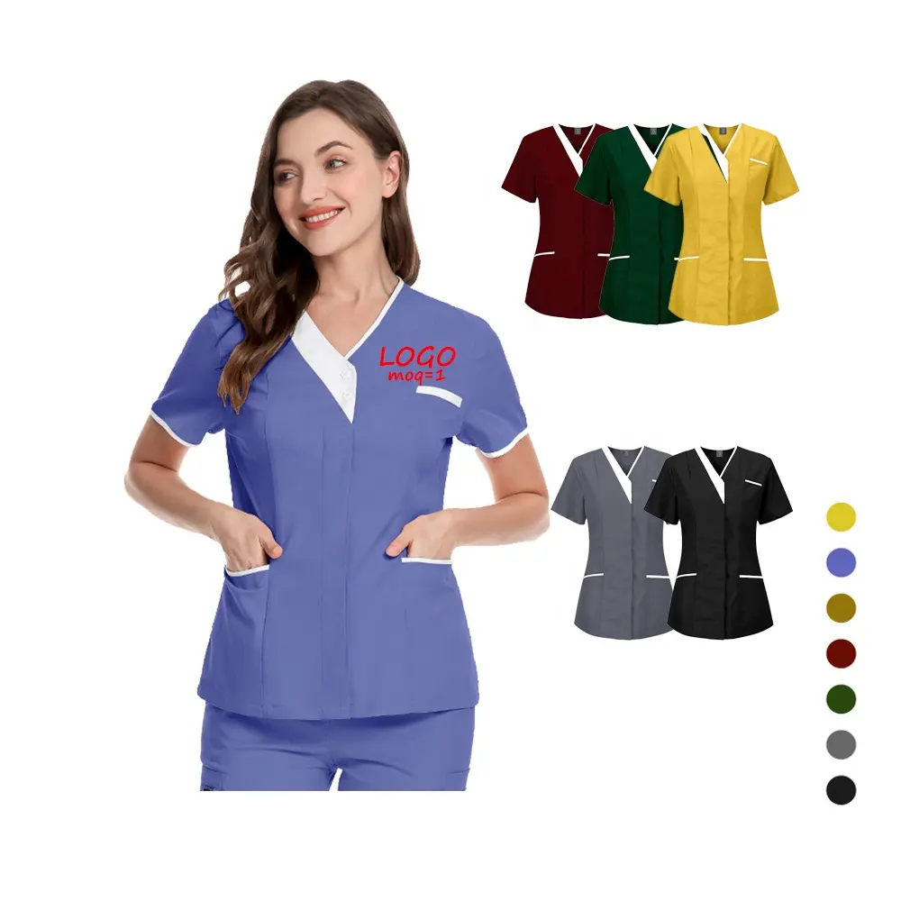 Wholesale High Waist Hospital Doctor Uniforms Nursing Women Scrubs Uniforms V Neck Scrubs Short Sleeve Uniforms Joggers Sets Top
