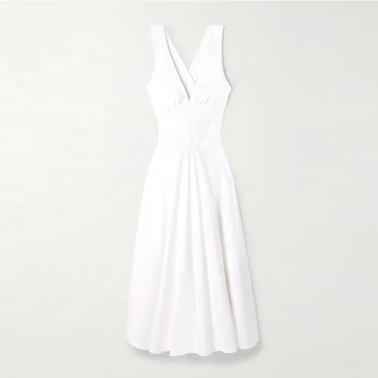 فستان أبيض قطني كاجوال بأكمام ورقبة على شكل حرف V يُصنع حسب الطلب مناسب للربيع والصيف من شركة التصنيع للنساء والسيدات أنيق