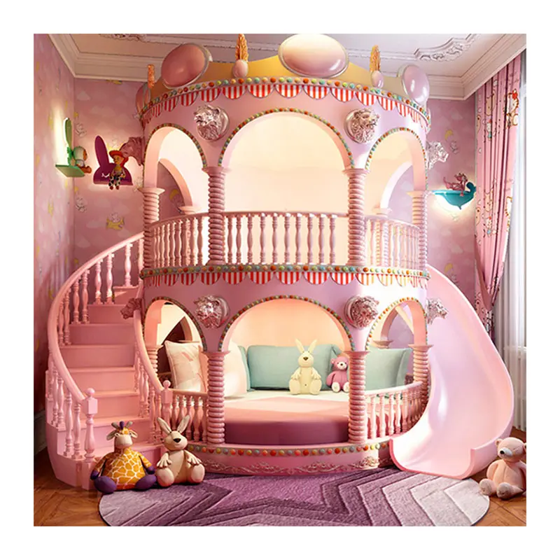 OEM Princess Castle Beliche Cama Bunker Luxo Rosa E Ouro Quarto Mobiliário Conjunto Para Meninas Com Big Wardrobe gabinete meninos gêmeos